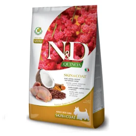Сухий беззерновий корм Farmina N&D Quinoa Skin and Coat Adult Mini при харчовій алергії у дорослих собак дрібних порід, з перепелом, кіноа, кокосом та куркумою