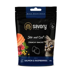 Хрусткі ласощі Savory Cats Skin and Coat Crunchy Shacks rich in Salmon and Raspberries - для здоров'я шкіри та шерсті, лосось із малиною