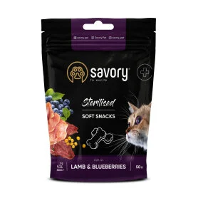 М'які ласощі Savory Cats Sterilisad Soft Snacks Lamb and Blueberries - для здоров'я стерилізованих котів, ягня із чорницями