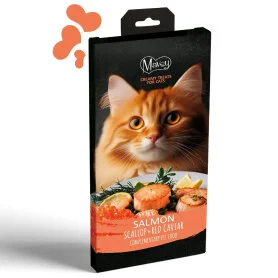 Рідкі ласощі Mavsy (Мавсі) Creamy Superfood Salmon with Scallop and Red Caviar for cats - для котів, у вигляді кремоподібного пюре філе лосося з морським гребінцем та червоною ікрою (5 стіків по 15 г)