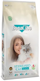 Сухой корм суперпремиум-класса BonaCibo Adult Cat Sterilised Salmon — для взрослых стерилизованных кошек и кошек с избыточным весом, с лососем