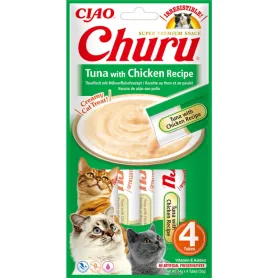 Беззернові рідкі ласощі INABA "Churu" - для котів, вершковий мус з тунцем та куркою (4 стіки по 14 г)