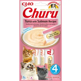 Беззернові рідкі ласощі INABA "Churu" - для котів, вершковий мус з тунцем та лососем (4 стіки по 14 г)