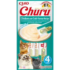 Беззернові рідкі ласощі INABA "Churu" - для котів, вершковий мус з куркою та крабом (4 стіки по 14 г)