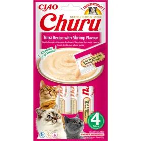 Беззернові рідкі ласощі INABA "Churu" - для котів, вершковий мус тунцем та креветками (4 стіки по 14 г)