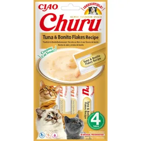 Рідкі ласощі INABA "Churu" - для котів, вершковий мус у стіках з тунцем та пластівцями боніто (4 стіки по 14 г)