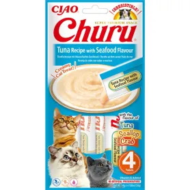 Беззернові рідкі ласощі INABA "Churu" - для котів, вершковий мус з тунцем та морепродуктами (4 стіки по 14 г)