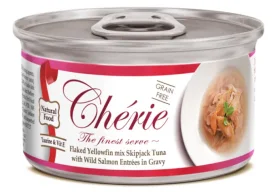 Влажный беззерновой корм Cherie Signature Gravy Mix Tuna & Wild Salmon - для кошек любого возраста и породы, с нежными кусочками желтого тунца и дикого лосося в соусе.