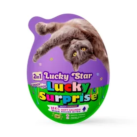 Ласощі-сюрприз 2 в 1 Lucky Star Lucky Surprise Soft Juicy Salmon Pieces - для котів, з іграшкою та шматочками вʼяленого лосося
