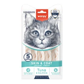 Жидкое функциональное лакомство Wanpy Functional Creamy Lickable Treat Skin&Coat - для здоровья кожи и блеска шерсти у кошек, с тунцем и лососем (5 стиков по 14 г)