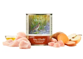 Влажный корм Hubertus Gold Huhn & Wachtel (Хубертус) – для собак, с курицей, перепелом, бататом, яблоком и маслом черного тмина