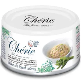 Влажный беззерновой корм Cherie Complete&Balanced Chicken with spinach - для здоровья кожи и шерсти кошек, с кусочками курицы и шпината в соусе
