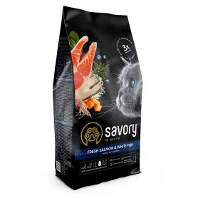 Сухий корм Savory Adult Cat Gourmand Hair and Skin Care rich in Fresh Salmon - для дорослих довгошерстих котів, зі свіжим лососем і білою рибою